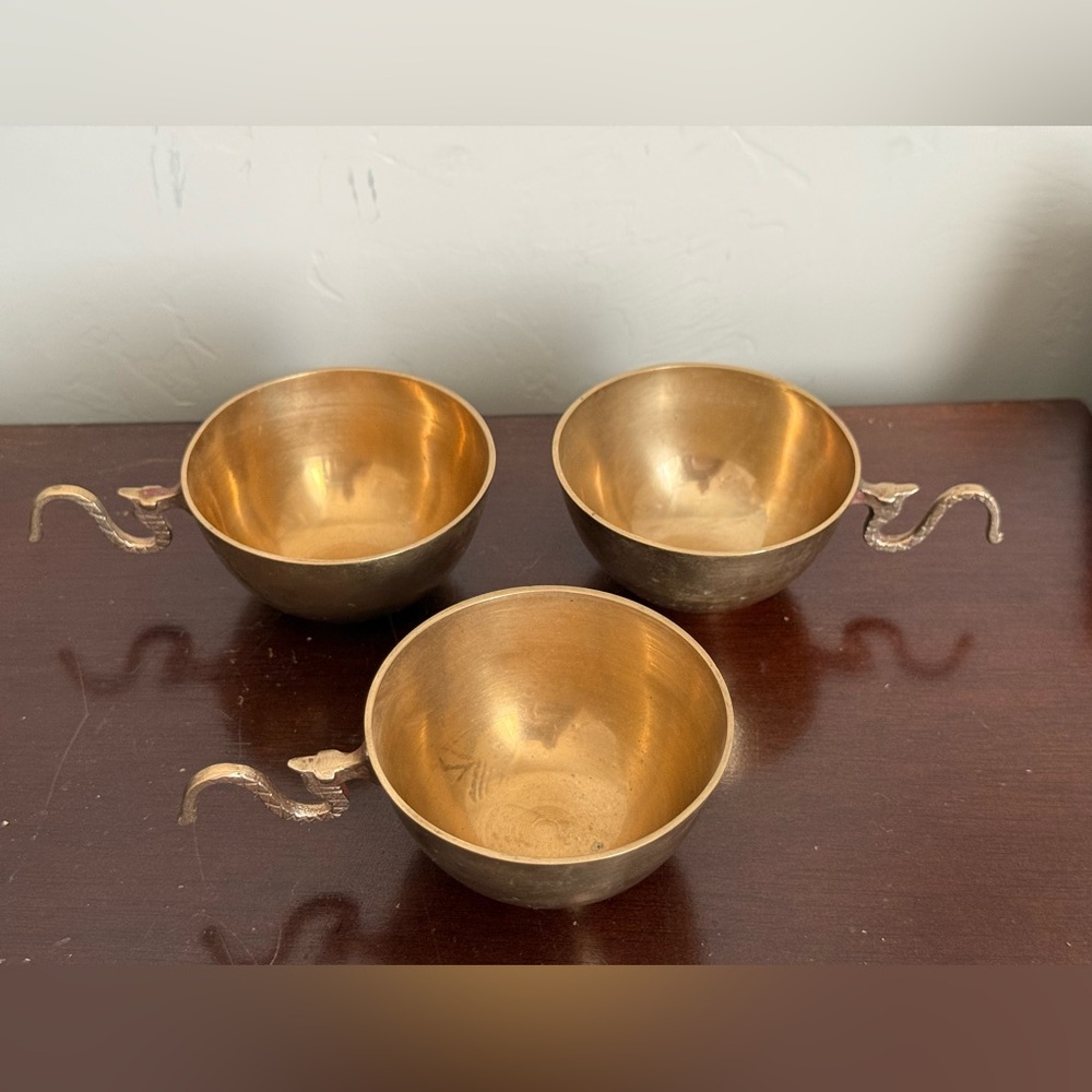 3‎ Pc. Lot Brass Patina Cups w/ Dragon Side Handle vintage Boho